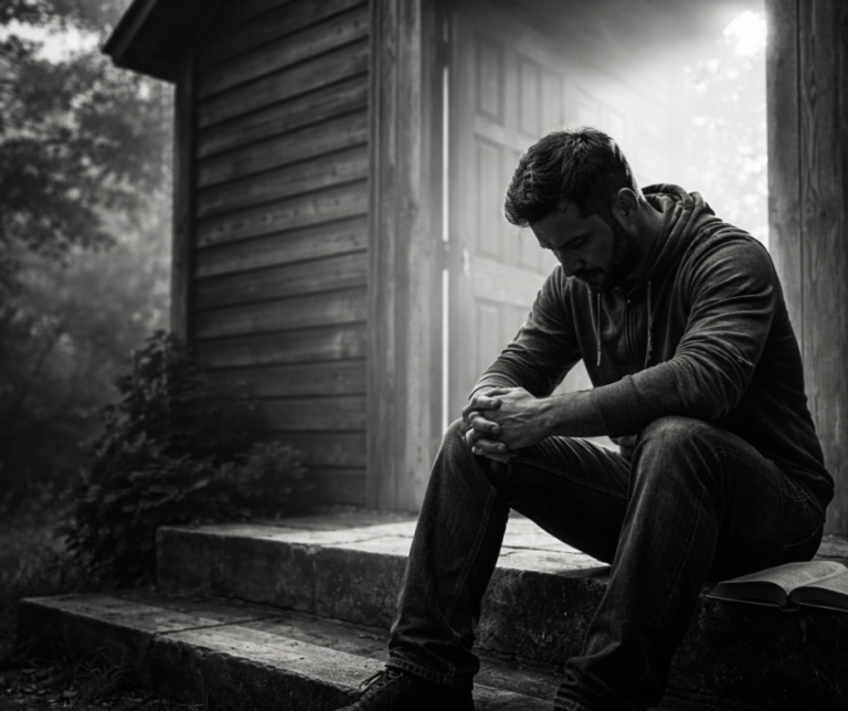 Black-and-white photorealistic image of a man sitting in deep reflection near an open Bible, symbolizing conscience, conviction, and turning toward God’s light