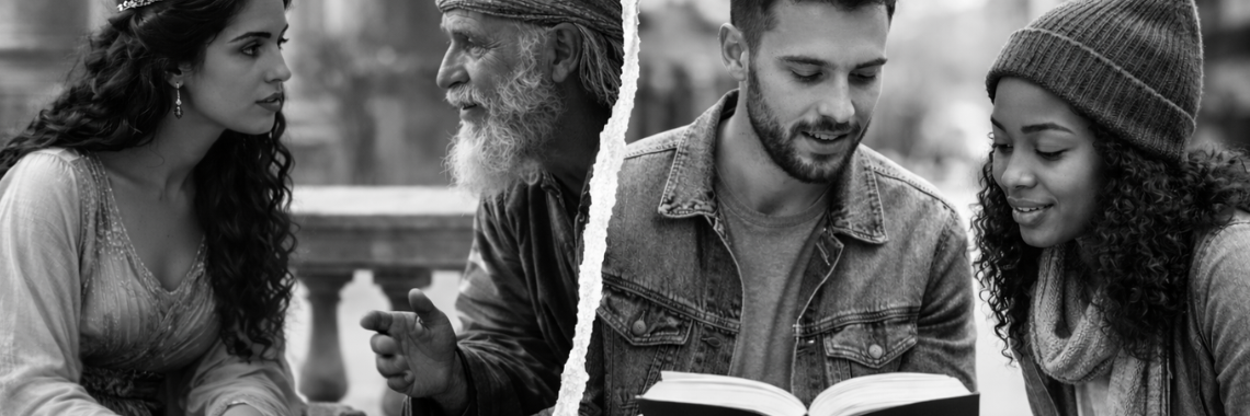 Black-and-white split photo: Esther listening to Mordecai in a biblical courtyard contrasted with a modern believer reading the Bible on a city street.