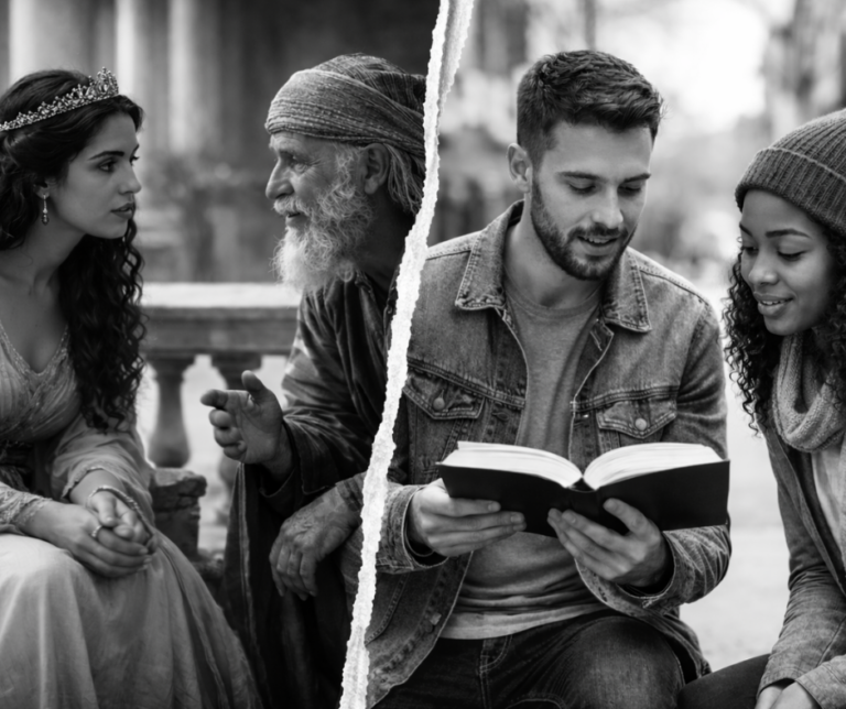 Black-and-white split photo: Esther listening to Mordecai in a biblical courtyard contrasted with a modern believer reading the Bible on a city street.