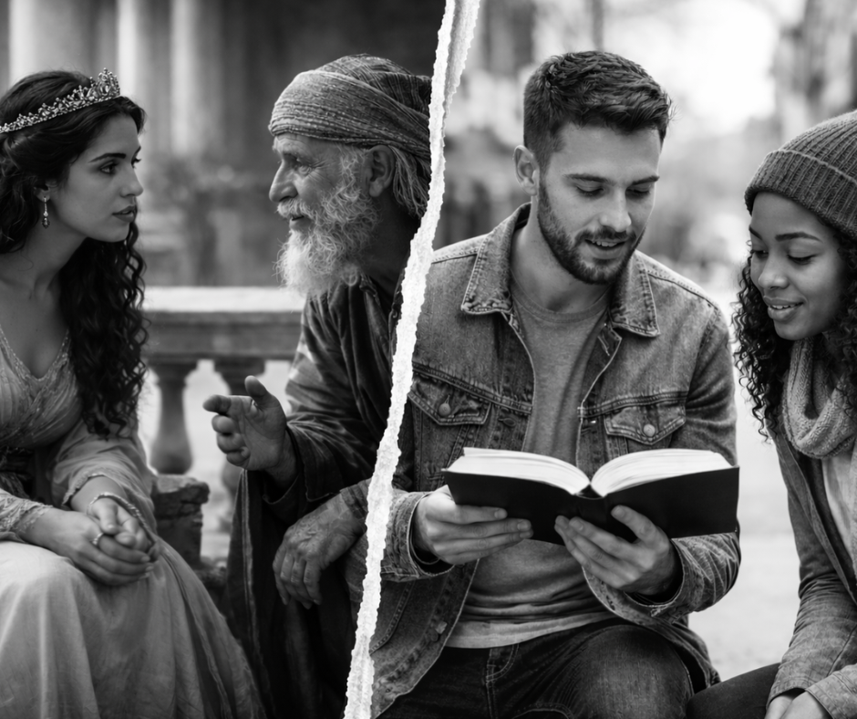 Black-and-white split photo: Esther listening to Mordecai in a biblical courtyard contrasted with a modern believer reading the Bible on a city street.