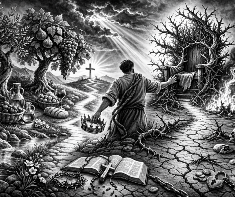 Black-and-white biblical allegory: a man stands at a crossroads, one path leading toward a cross, the other toward a thorny throne and ruin.
