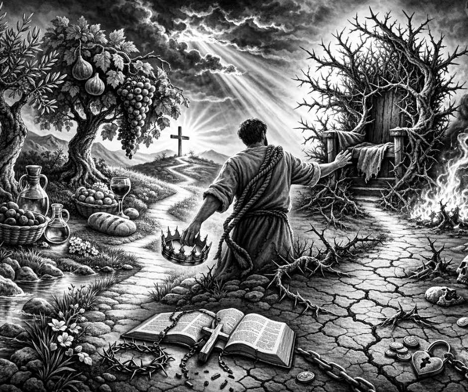 Black-and-white biblical allegory: a man stands at a crossroads, one path leading toward a cross, the other toward a thorny throne and ruin.