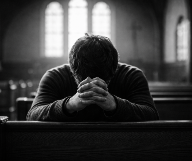 Black-and-white photo of a person praying alone in a church pew, symbolizing a shaken heart seeking God.