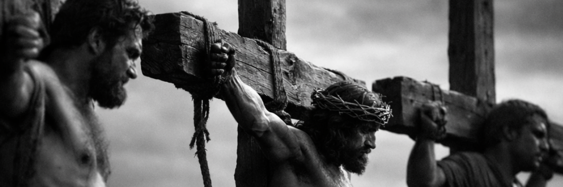 Black-and-white Golgotha scene with Jesus and the two thieves, showing the biblical contrast between repentance and hardness of heart.