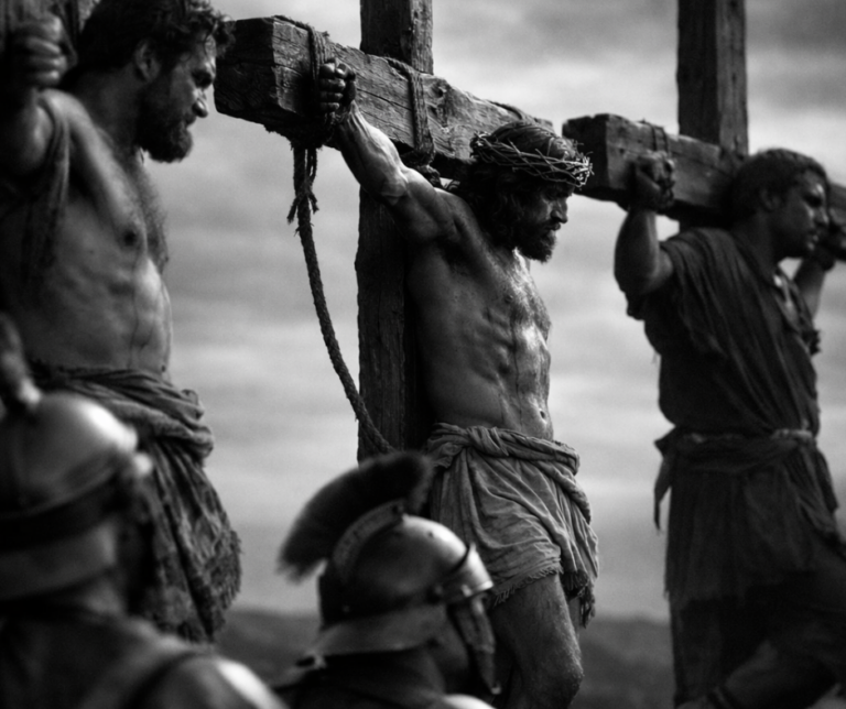 Black-and-white Golgotha scene with Jesus and the two thieves, showing the biblical contrast between repentance and hardness of heart.