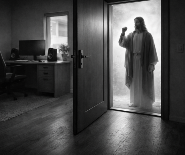 Black-and-white image of an empty, swept room and a knocking figure at the door, illustrating Matthew 12:43–45 and the call to receive Christ.
