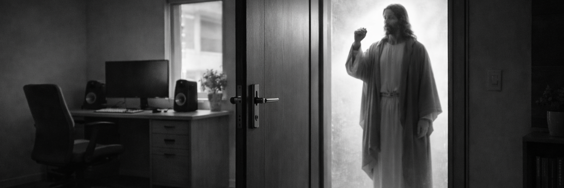 Black-and-white image of an empty, swept room and a knocking figure at the door, illustrating Matthew 12:43–45 and the call to receive Christ.
