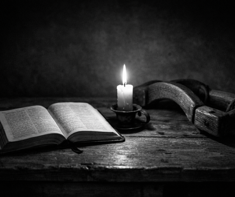 Black-and-white still life of an open Bible on a wooden table beside a lit candle and a wooden cross, symbolizing quiet faith and prayer.
