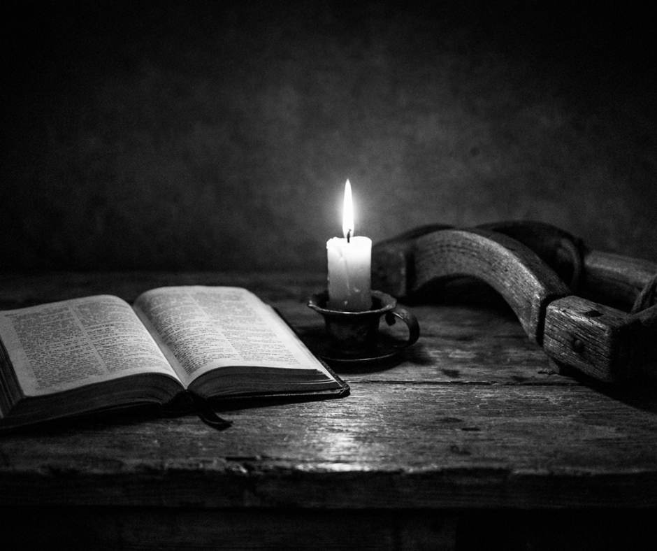 Black-and-white still life of an open Bible on a wooden table beside a lit candle and a wooden cross, symbolizing quiet faith and prayer.