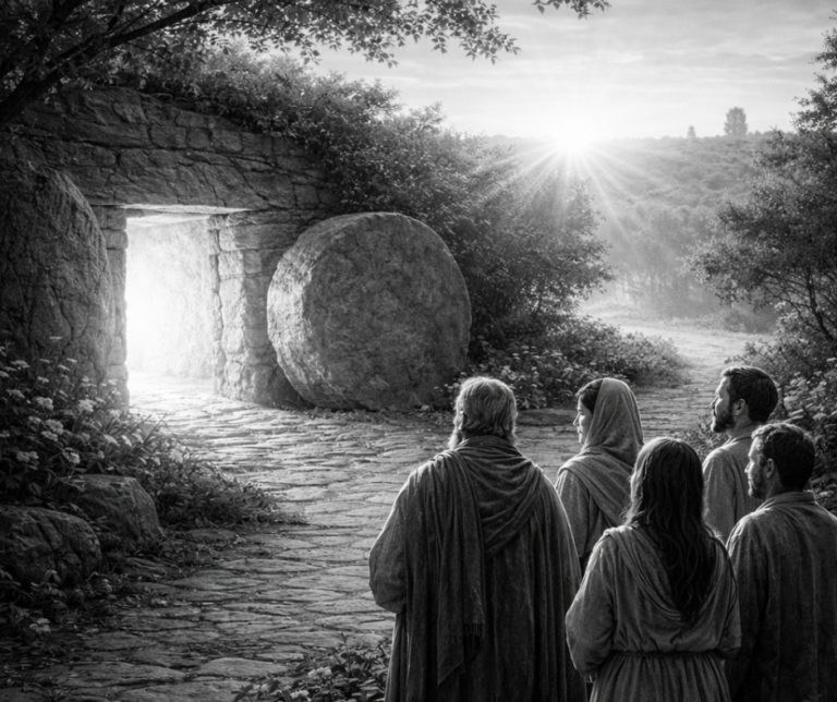 Empty tomb at sunrise with disciples in the garden, portraying the hope, peace, and mission of the risen Christ.