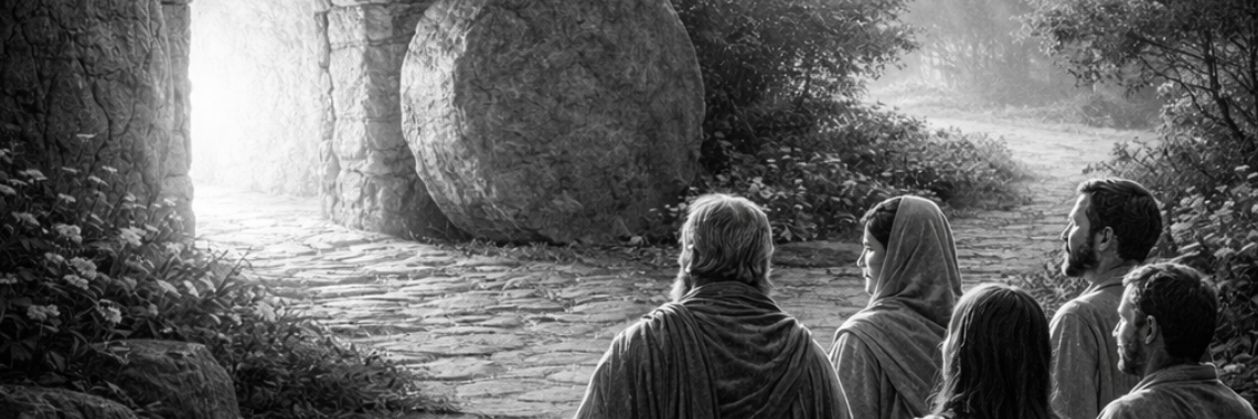 Empty tomb at sunrise with disciples in the garden, portraying the hope, peace, and mission of the risen Christ.